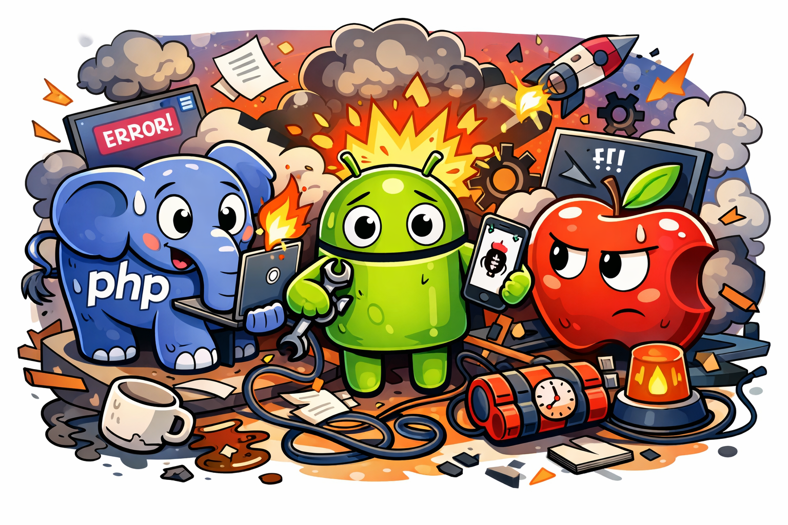 Ilustracao conceitual de um elefante do ecossistema Laravel conectado ao Android e ao iOS